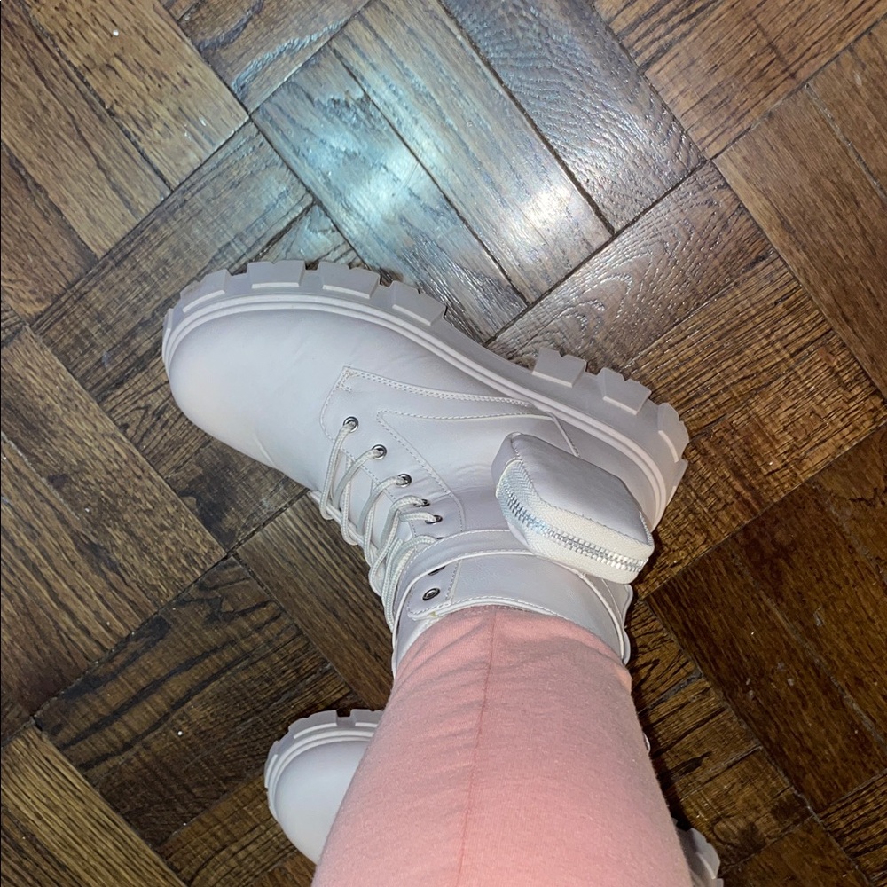 Women's White Chunky Combat Boots with Removable Pouch